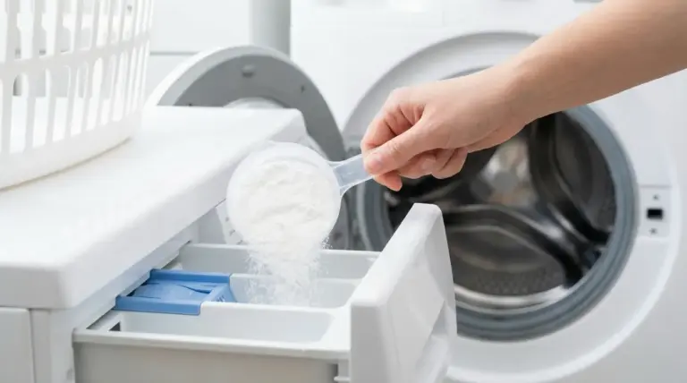 Una mano versa percarbonato di sodio nel cassetto del detersivo della lavatrice a carica frontale