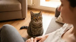 Gatto tigrato che guarda intensamente una persona seduta sul divano