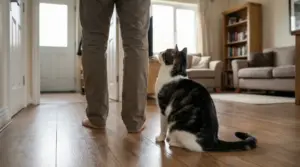 Gatto domestico seduto sul pavimento guarda una persona in casa, come se la seguisse da una stanza all’altra
