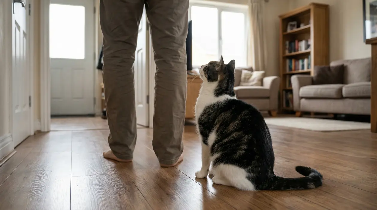 Gatto domestico seduto sul pavimento guarda una persona in casa, come se la seguisse da una stanza all’altra