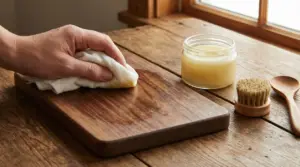 Mano che applica un prodotto naturale su un tagliere di legno con un panno, accanto a un barattolo e una spazzola