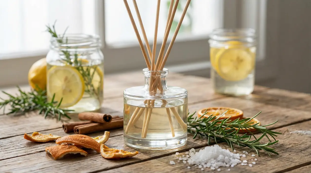 Profumatore fai da te con bastoncini in bottiglia di vetro, agrumi, rosmarino, cannella e sale su tavolo di legno