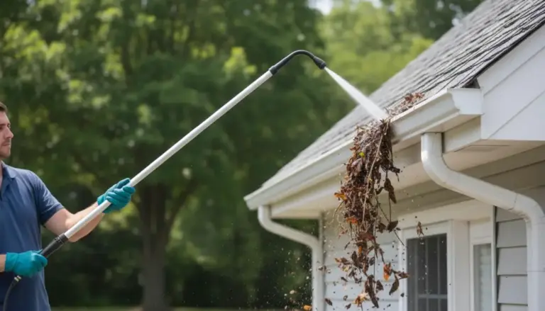 Una persona pulisce una grondaia intasata con una lancia ad acqua da terra, senza salire sul tetto
