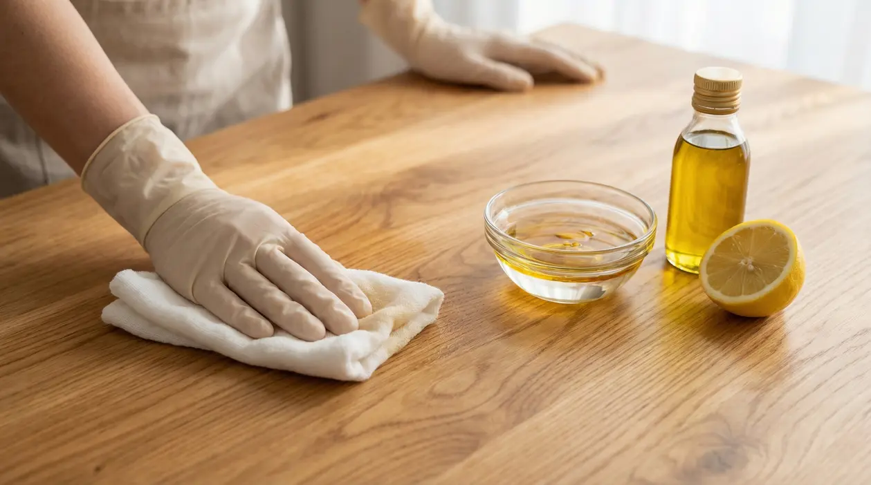Persona con guanti pulisce un tavolo in legno con panno; accanto ci sono una ciotola, una bottiglia d’olio e un limone