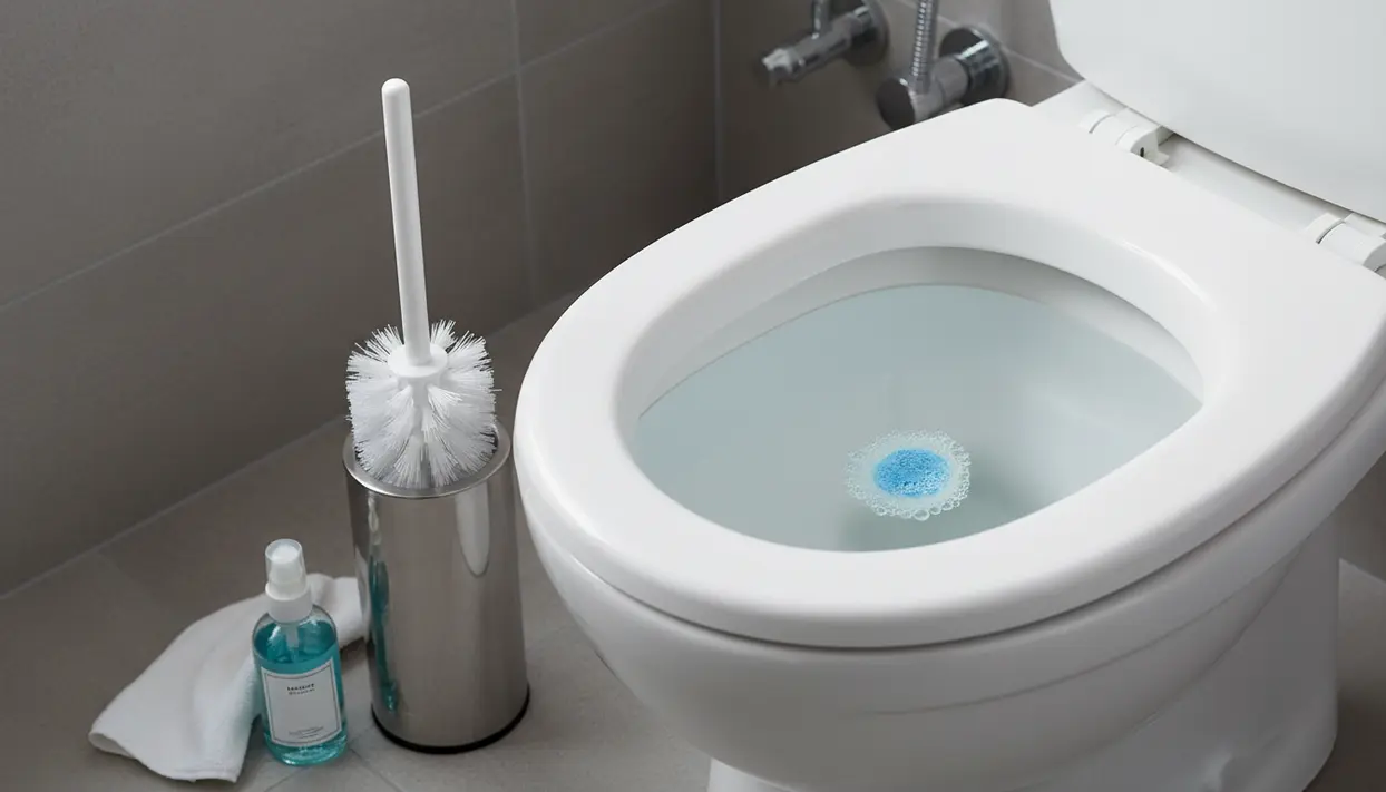 WC pulito con pastiglia detergente nell’acqua, spazzolino in contenitore e flacone di detergente sul pavimento