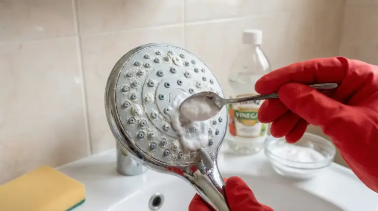 Pulizia del soffione doccia dal calcare con rimedio naturale a base di bicarbonato e aceto