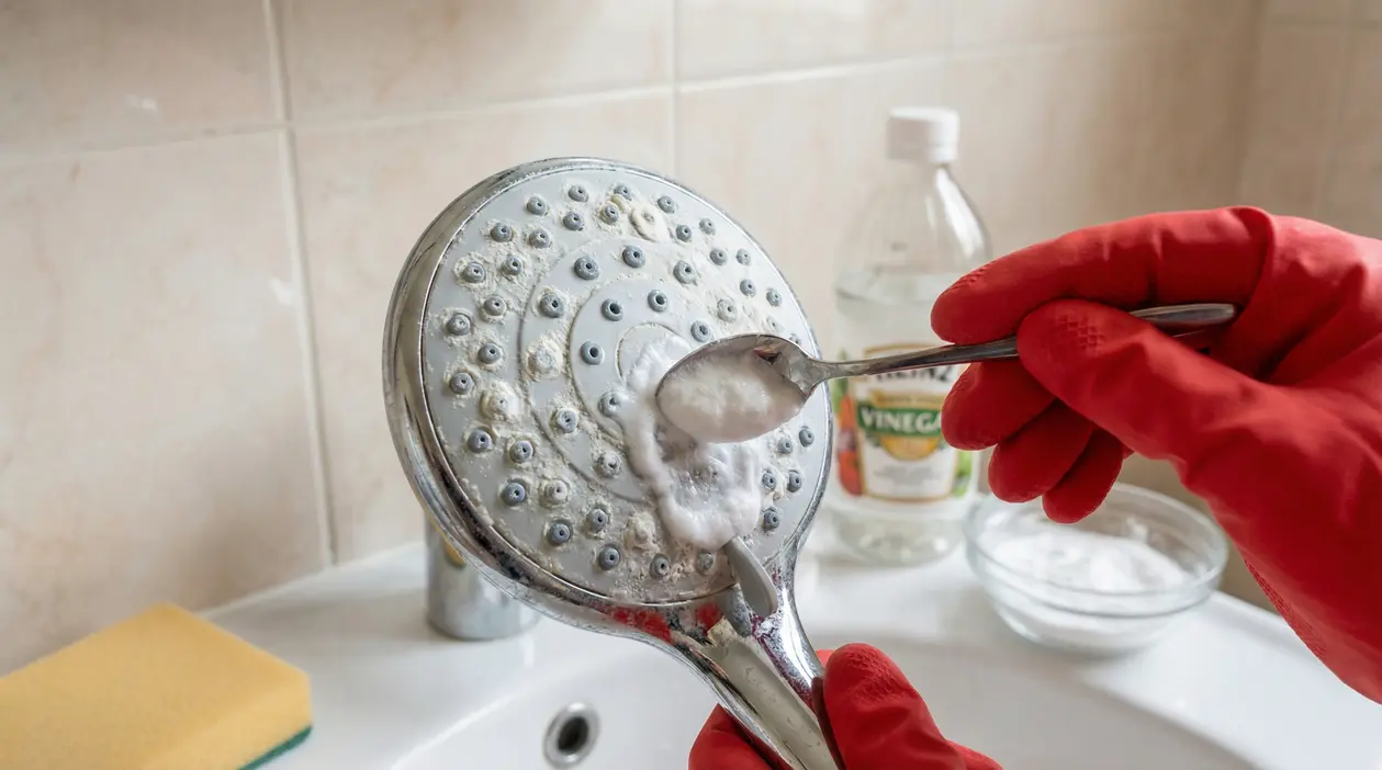 Pulizia del soffione doccia dal calcare con rimedio naturale a base di bicarbonato e aceto
