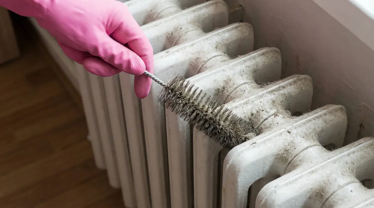 Guanto rosa usa una spazzola sottile per pulire un termosifone in ghisa pieno di polvere tra le fessure