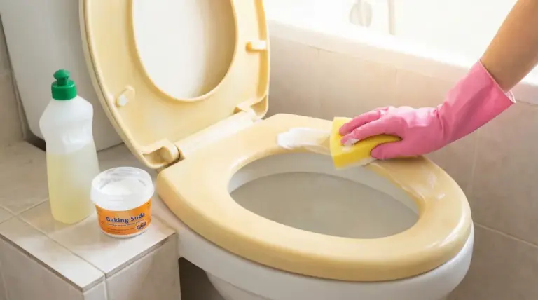 Pulizia di un copriwater ingiallito con spugna, bicarbonato e detersivo