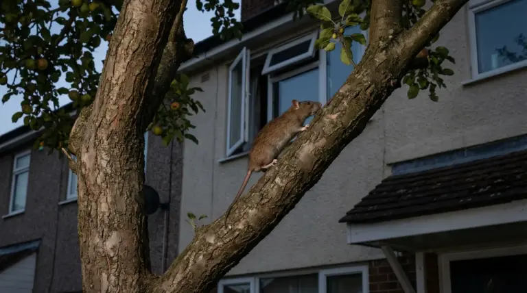 Un ratto si arrampica su un albero vicino a una finestra aperta di una casa, nel giardino.