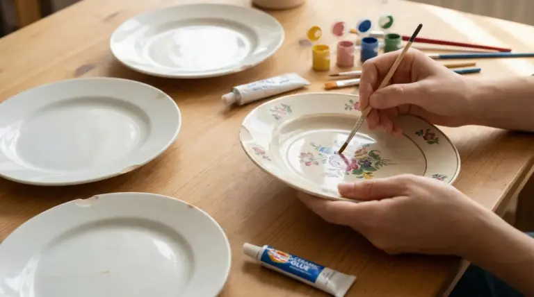 Persona che ritocca un piatto di ceramica decorato con un pennello, con piatti e colori su un tavolo