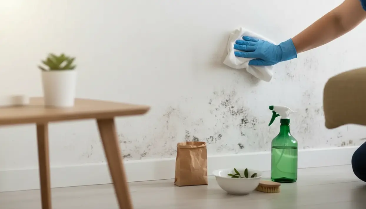 Una persona pulisce una parete con muffa usando un panno e guanti