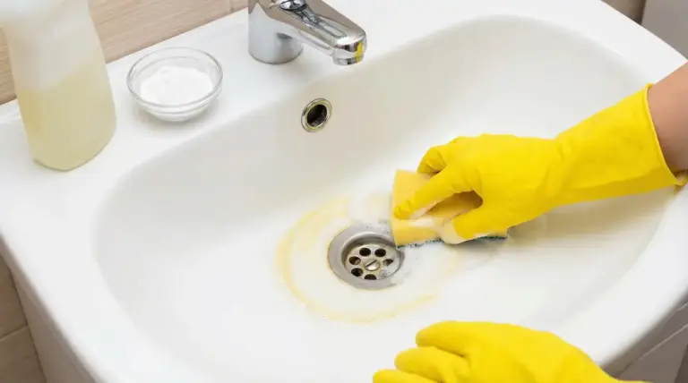 Mano con guanto giallo pulisce il lavandino del bagno con spugna, rimuovendo un alone giallo di calcare intorno allo scarico