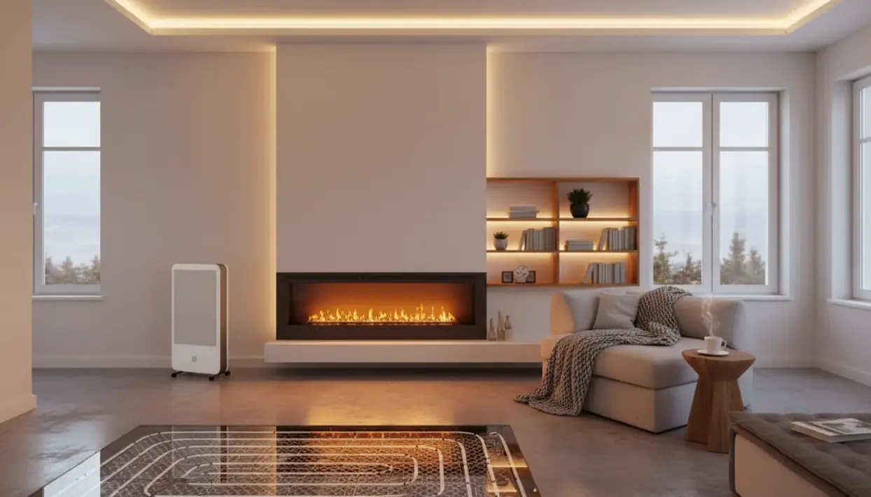 Soggiorno moderno con camino lineare e stufa elettrica portatile, soluzione per riscaldare casa senza termosifoni