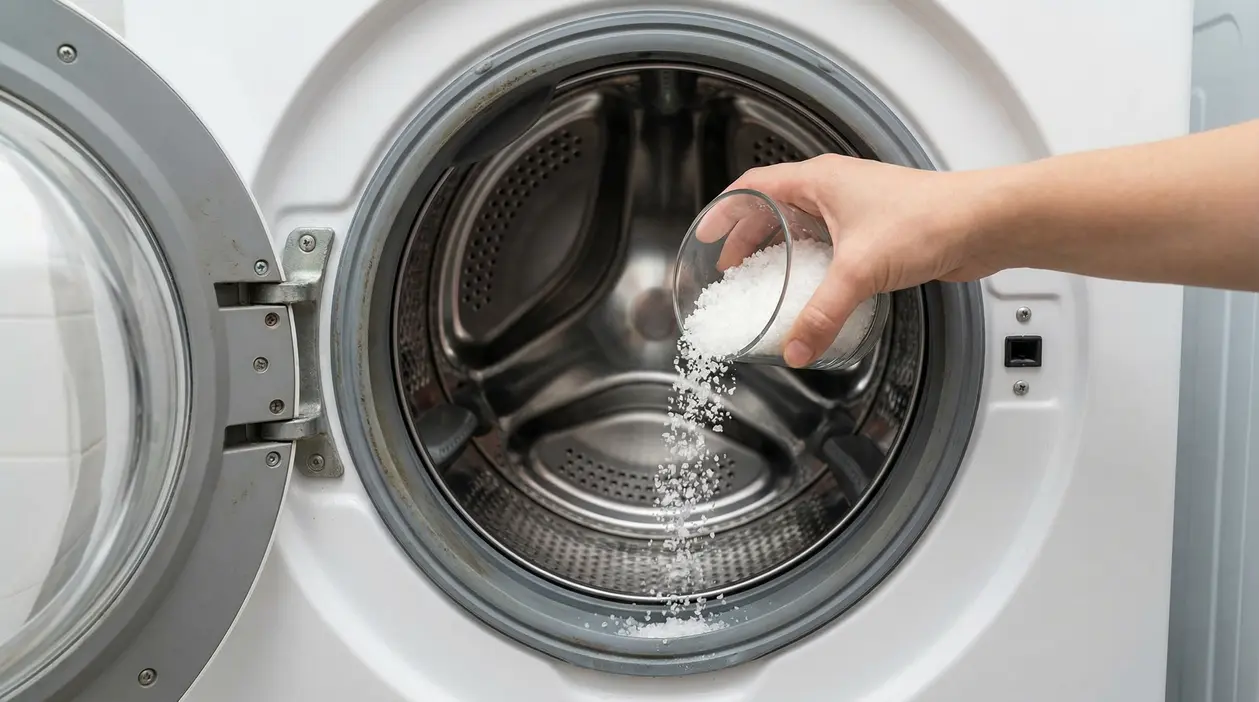 Una mano versa sale grosso nel cestello di una lavatrice a carica frontale per pulizia e manutenzione