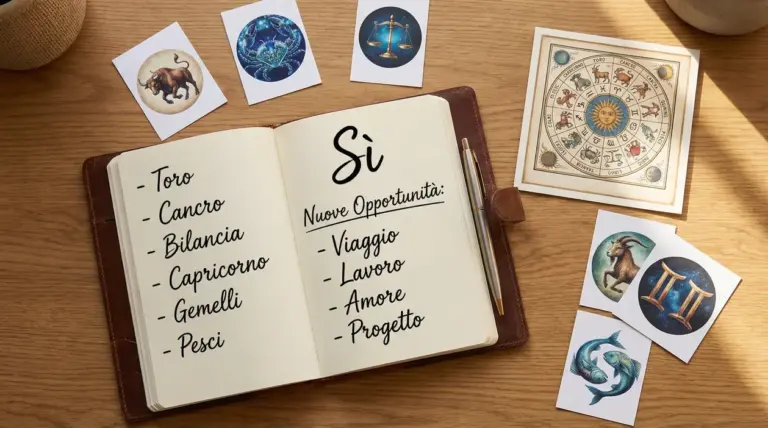 Taccuino aperto con lista di segni zodiacali e opportunità, circondato da immagini astrologiche