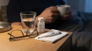 Occhiali, termometro, bicchiere d'acqua e sali reidratanti su un comodino vicino a una persona.