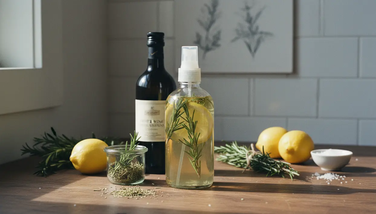 Spray deodorante fai da te con aceto e rosmarino su tavolo da cucina, con limoni e rametti di rosmarino