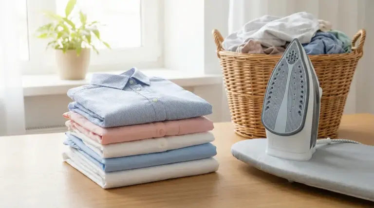 Pila di camicie piegate su un tavolo con ferro da stiro e asse, accanto a un cesto di biancheria