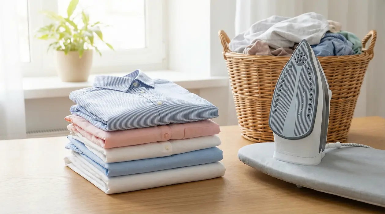 Pila di camicie piegate su un tavolo con ferro da stiro e asse, accanto a un cesto di biancheria