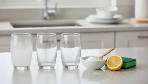 Bicchieri con patina opaca e ingredienti per pulirli: bicarbonato, limone e spugna su piano cucina