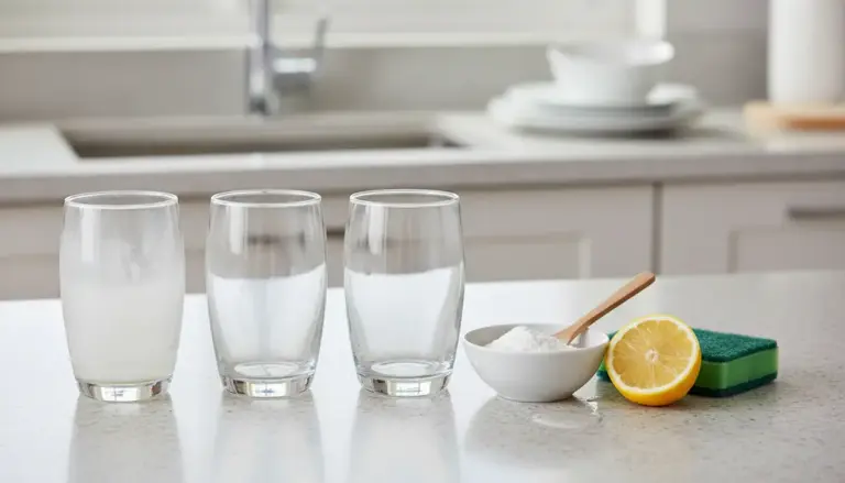 Bicchieri con patina opaca e ingredienti per pulirli: bicarbonato, limone e spugna su piano cucina