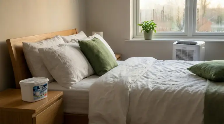 Camera da letto con finestra appannata e dispositivi per ridurre l’umidità, tra cui un deumidificatore e un assorbiumidità