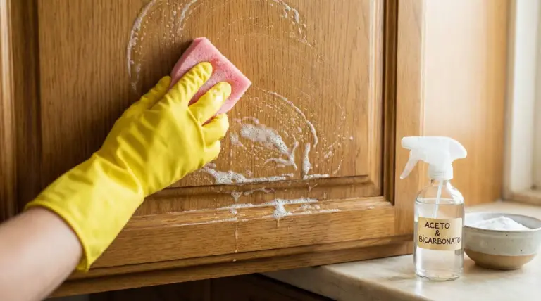 Mano con guanto giallo pulisce un mobile della cucina in legno con spugna e detergente, accanto spray aceto e bicarbonato