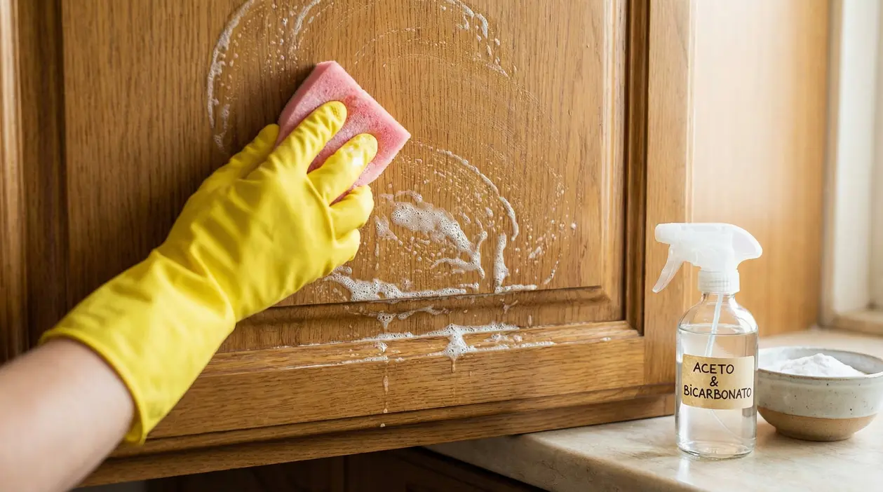 Mano con guanto giallo pulisce un mobile della cucina in legno con spugna e detergente, accanto spray aceto e bicarbonato