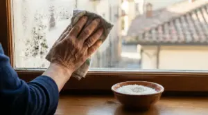 Una persona pulisce un vetro con condensa e muffa con un panno; sul davanzale c’è una ciotola di riso