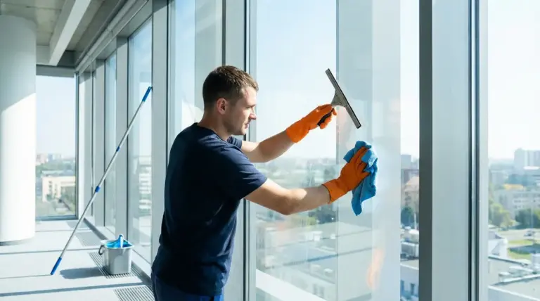 Un addetto alle pulizie lava una grande vetrata con tergivetro e panno in microfibra in un ufficio luminoso