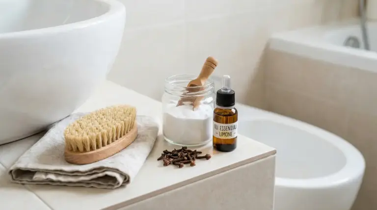 Ingredienti naturali per deodorare il bagno vicino al wc: bicarbonato in barattolo, olio essenziale al limone e spazzola