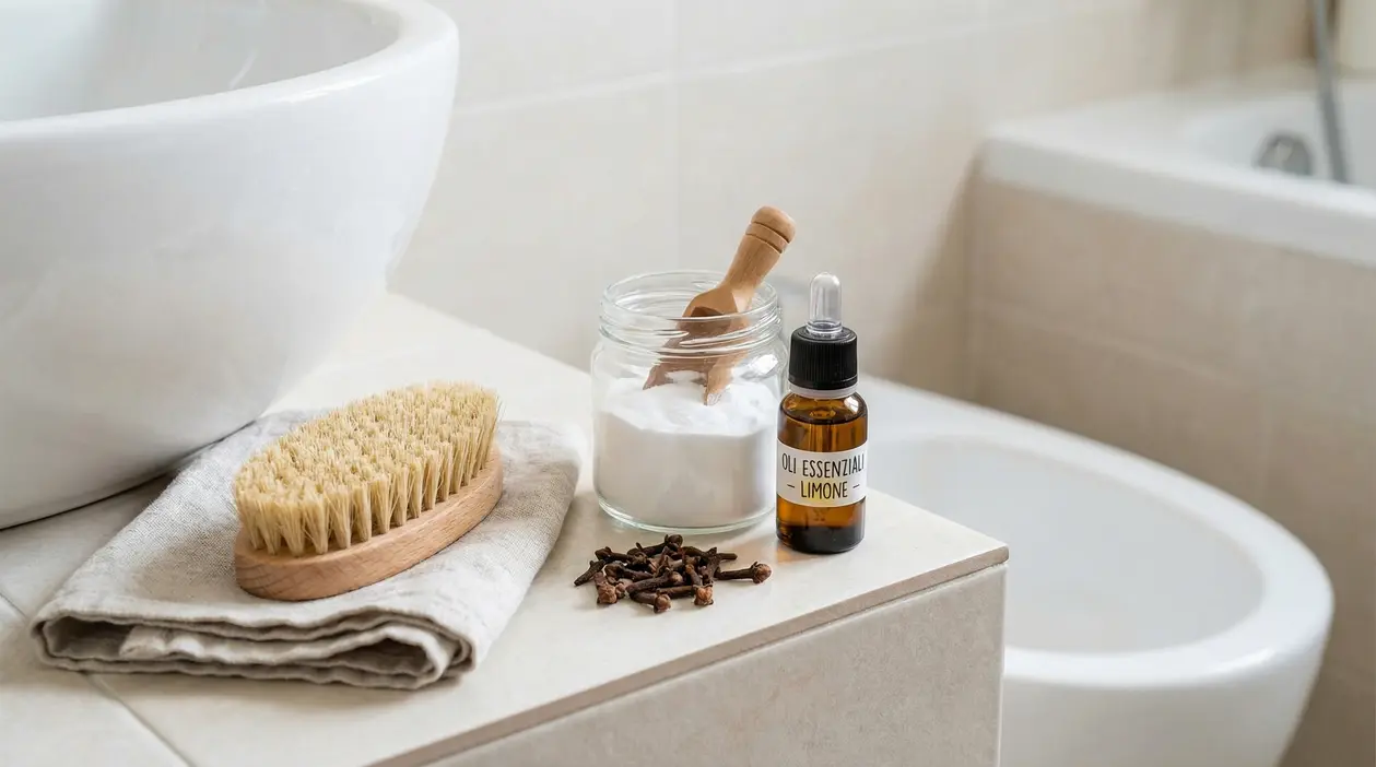 Ingredienti naturali per deodorare il bagno vicino al wc: bicarbonato in barattolo, olio essenziale al limone e spazzola