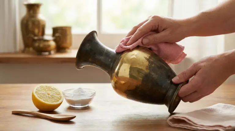 Persona pulisce un vaso in ottone ossidato con un panno, accanto a limone e bicarbonato su un tavolo
