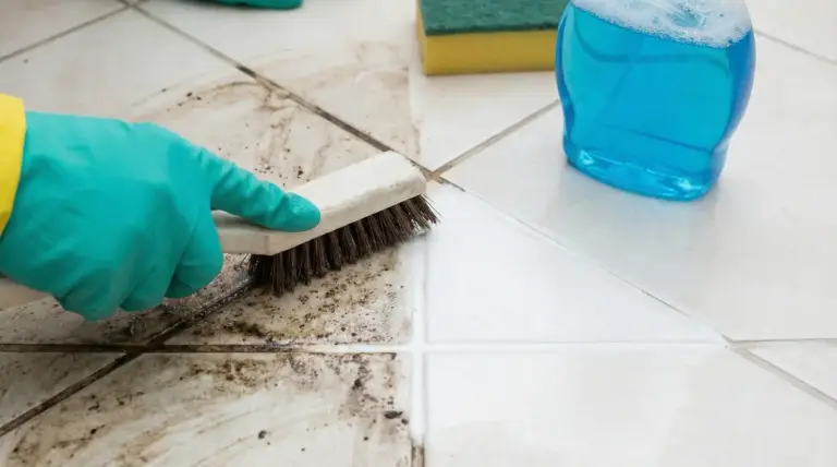 Mano con guanto che spazzola le fughe nere di piastrelle bianche, con detergente e spugna per la pulizia