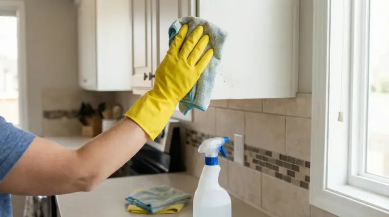 Persona con guanti gialli pulisce un pensile della cucina con panno in microfibra e spray detergente