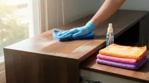 Una persona con guanto pulisce la polvere da un mobile in legno con panno in microfibra vicino a una finestra