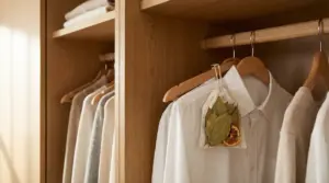 Armadio in legno con camicie e un sacchetto profumatore naturale con foglie e agrumi appeso a una gruccia