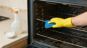 Mano con guanto giallo pulisce il forno incrostato con una spugna; sul piano ci sono uno spruzzino e una ciotola di polvere.