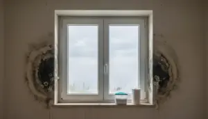 Finestra con condensa sui vetri e macchie di muffa e umidità sui muri ai lati del serramento