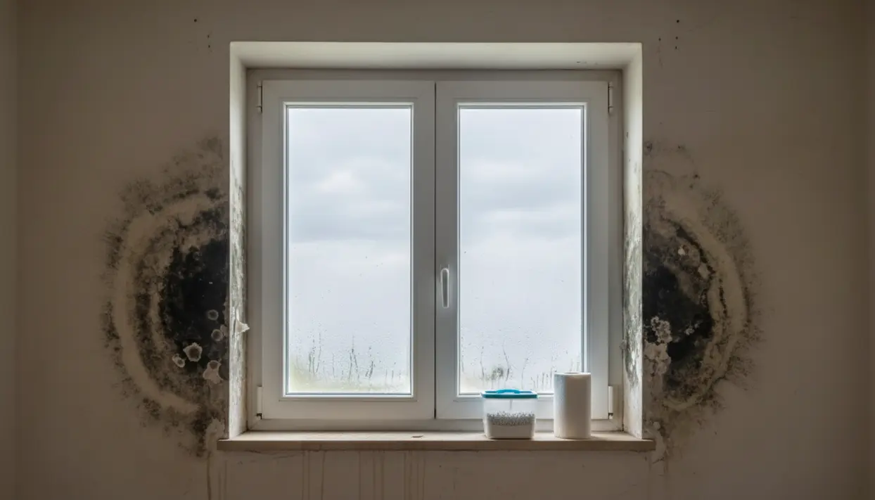 Finestra con condensa sui vetri e macchie di muffa e umidità sui muri ai lati del serramento