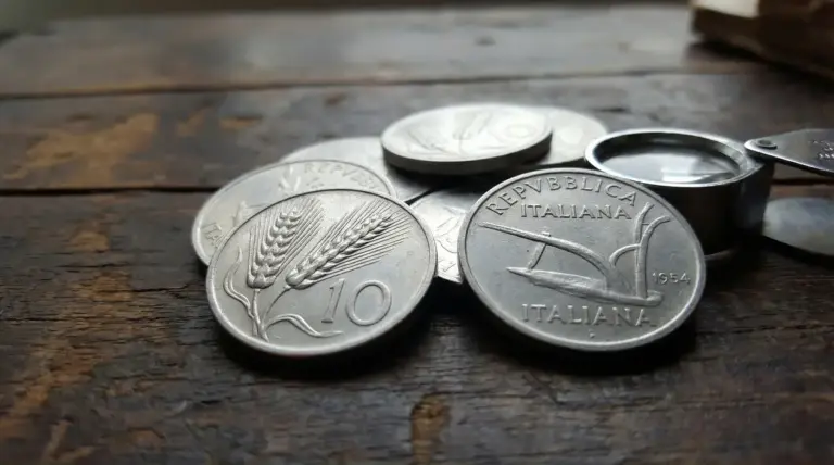 Vecchie monete italiane da 10 lire con spiga su un tavolo di legno