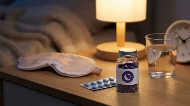 Integratori e compresse su un comodino accanto a una lampada, bicchiere d'acqua e mascherina per dormire