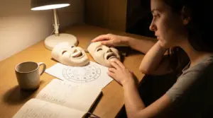 Persona a una scrivania con due maschere teatrali e un tema natale, simbolo di sbalzi d’umore e segni lunatici