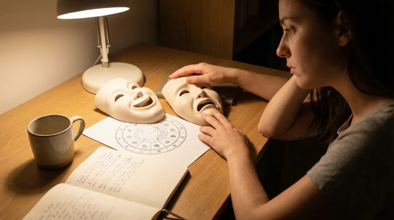 Persona a una scrivania con due maschere teatrali e un tema natale, simbolo di sbalzi d’umore e segni lunatici