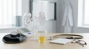Modello anatomico dei reni e contenitore per analisi delle urine su scrivania medica con stetoscopio