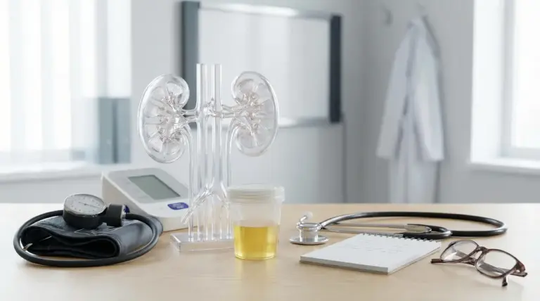 Modello anatomico dei reni e contenitore per analisi delle urine su scrivania medica con stetoscopio