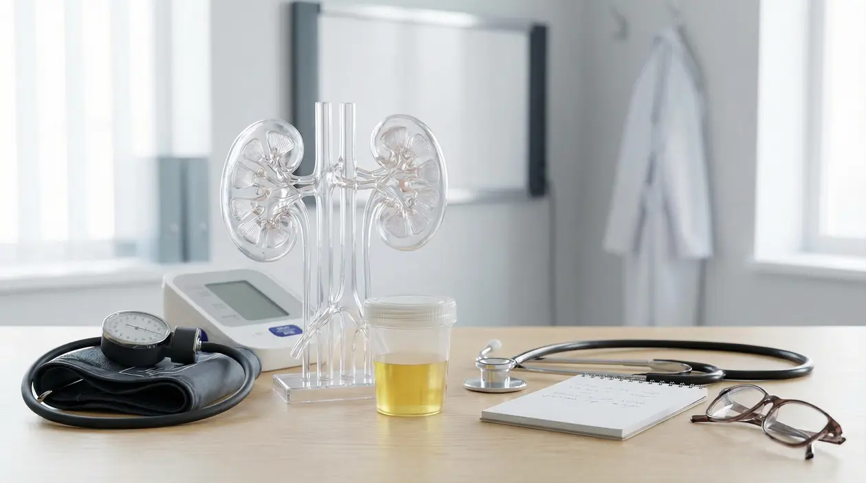 Modello anatomico dei reni e contenitore per analisi delle urine su scrivania medica con stetoscopio