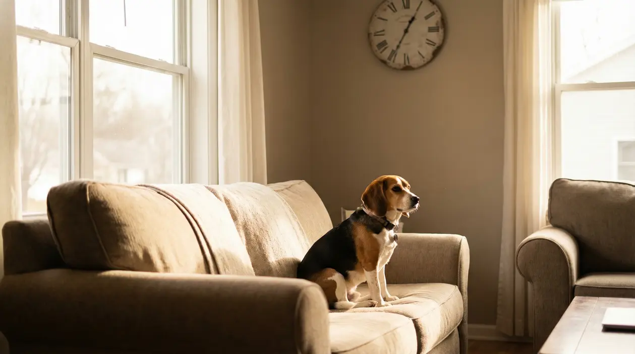 Cane seduto sul divano in salotto, vicino a una finestra e a un orologio a parete, in attesa