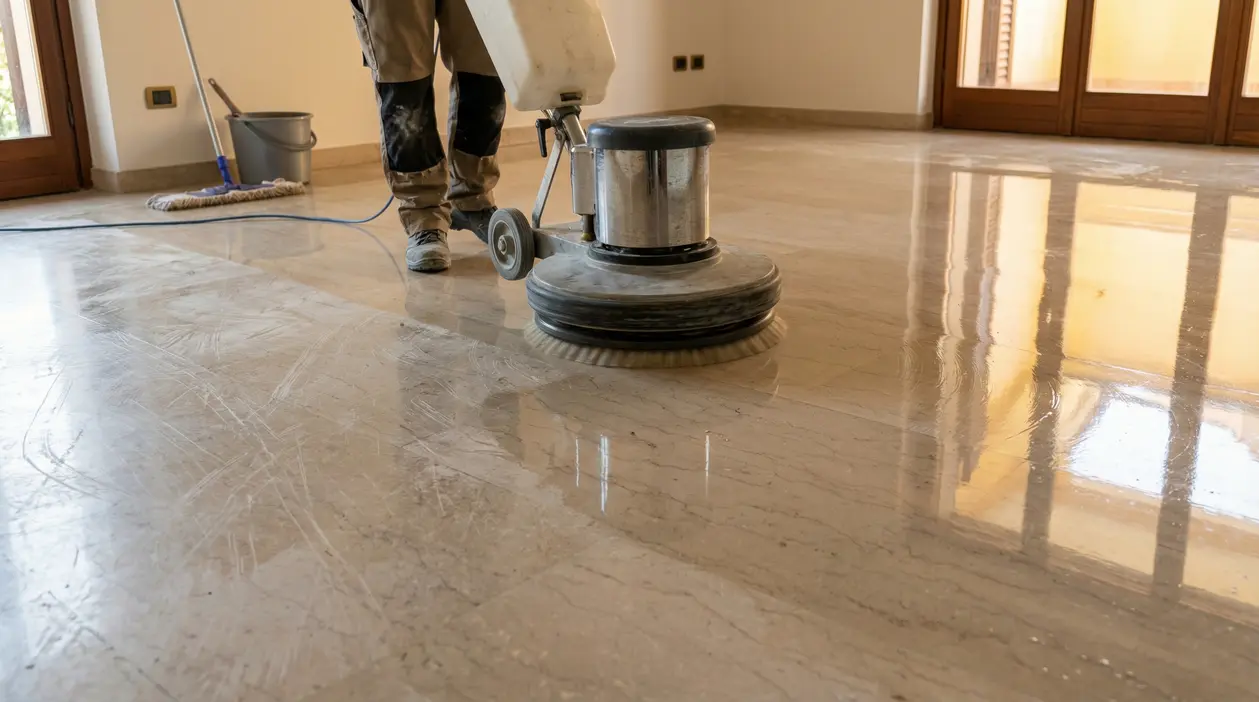Persona che lucida un pavimento in marmo con una monospazzola in una stanza luminosa